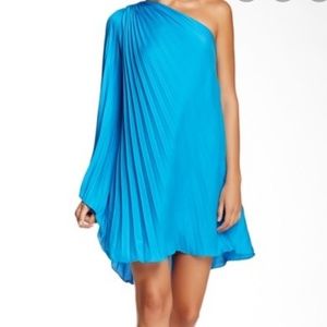 Make Offer Halston Blue One Shoulder Pleated Dress